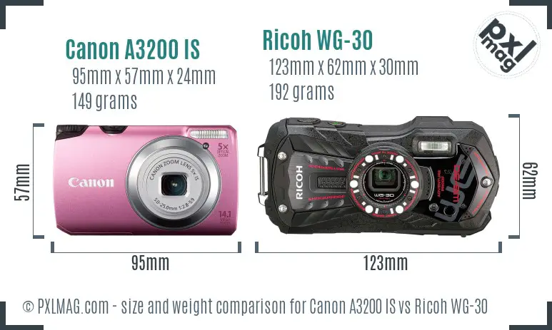 Canon A3200 IS vs Ricoh WG-30 size comparison