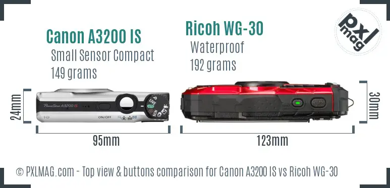 Canon A3200 IS vs Ricoh WG-30 top view buttons comparison