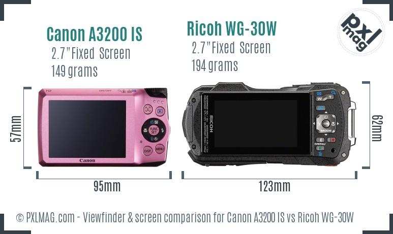 Canon A3200 IS vs Ricoh WG-30W Screen and Viewfinder comparison