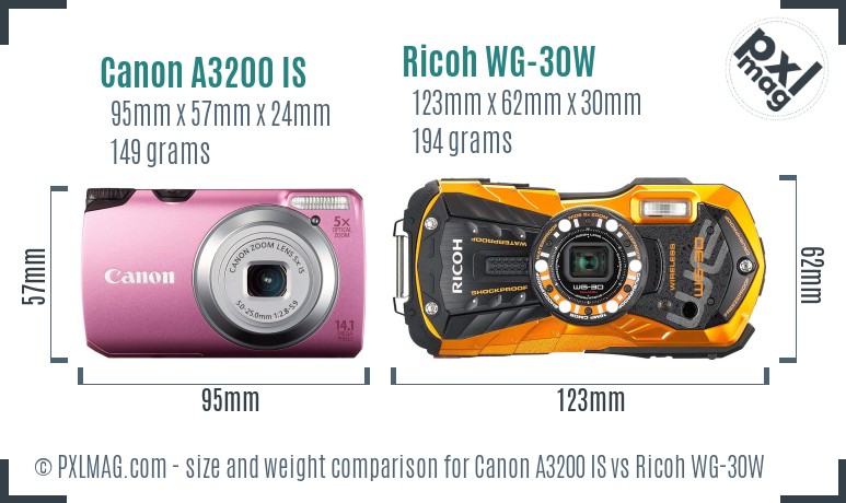 Canon A3200 IS vs Ricoh WG-30W size comparison