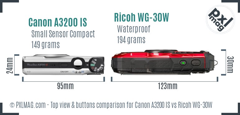 Canon A3200 IS vs Ricoh WG-30W top view buttons comparison