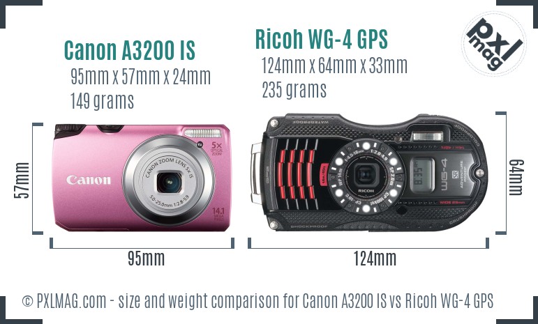 Canon A3200 IS vs Ricoh WG-4 GPS size comparison