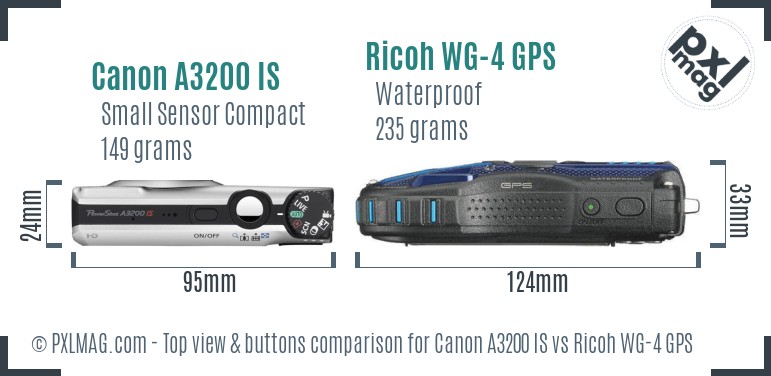 Canon A3200 IS vs Ricoh WG-4 GPS top view buttons comparison