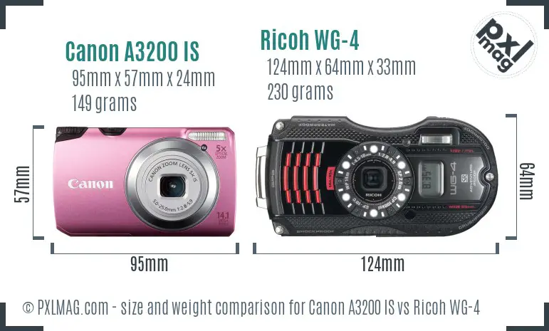 Canon A3200 IS vs Ricoh WG-4 size comparison