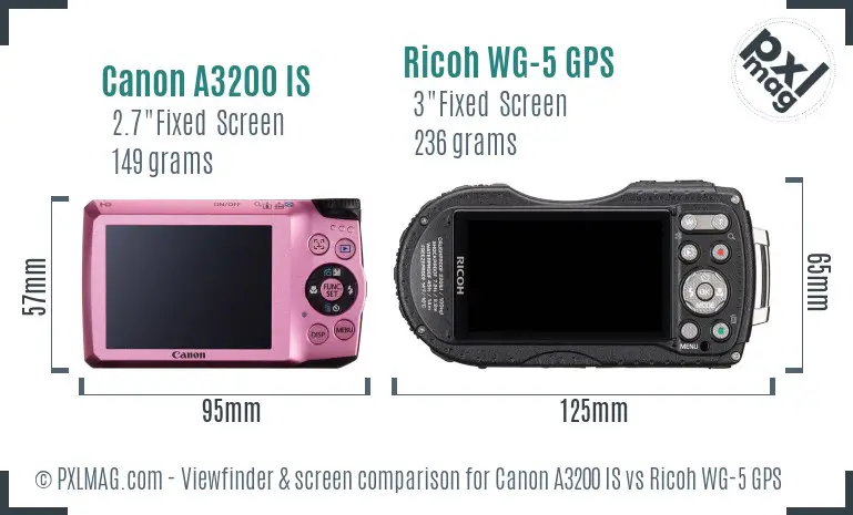 Canon A3200 IS vs Ricoh WG-5 GPS Screen and Viewfinder comparison