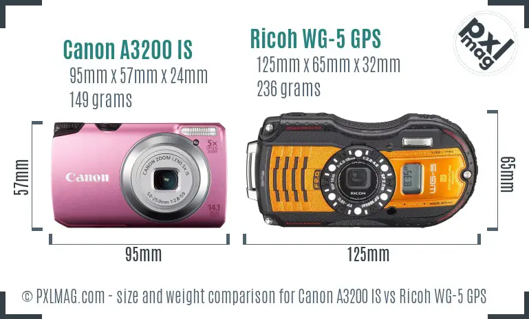 Canon A3200 IS vs Ricoh WG-5 GPS size comparison
