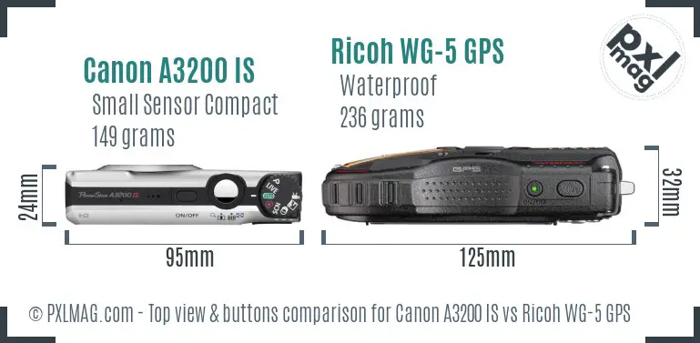 Canon A3200 IS vs Ricoh WG-5 GPS top view buttons comparison