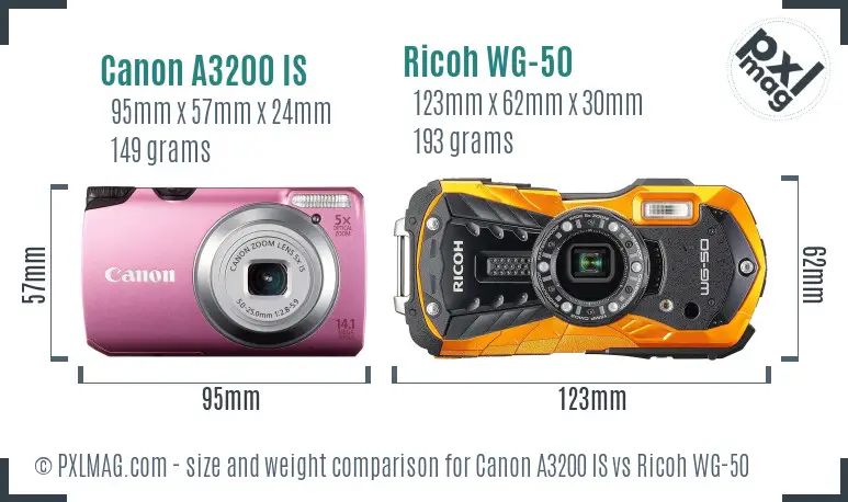 Canon A3200 IS vs Ricoh WG-50 size comparison