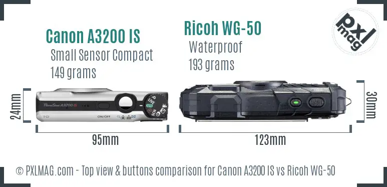 Canon A3200 IS vs Ricoh WG-50 top view buttons comparison