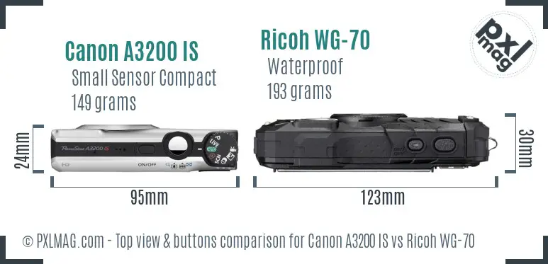 Canon A3200 IS vs Ricoh WG-70 top view buttons comparison