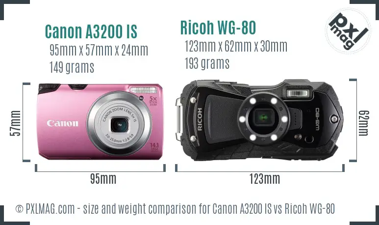 Canon A3200 IS vs Ricoh WG-80 size comparison