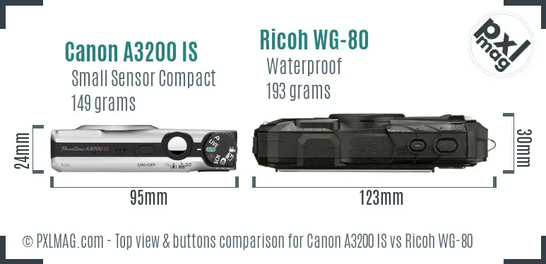 Canon A3200 IS vs Ricoh WG-80 top view buttons comparison