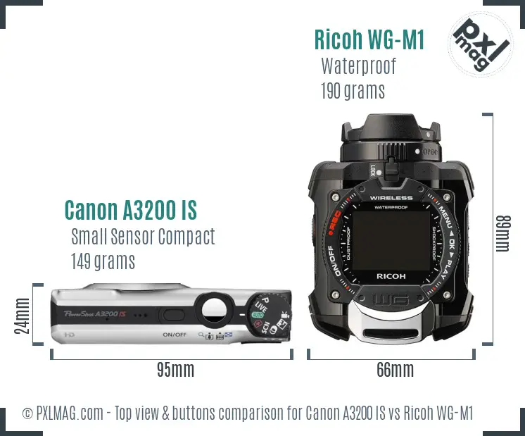 Canon A3200 IS vs Ricoh WG-M1 top view buttons comparison
