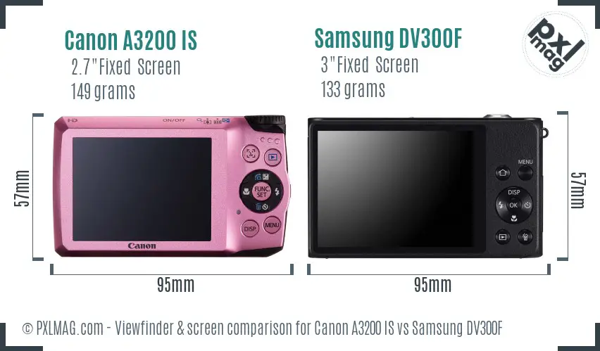 Canon A3200 IS vs Samsung DV300F Screen and Viewfinder comparison