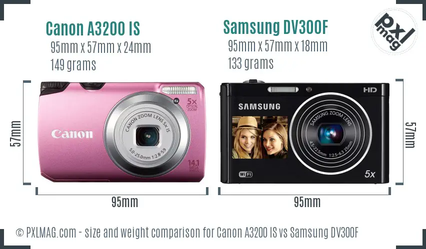 Canon A3200 IS vs Samsung DV300F size comparison