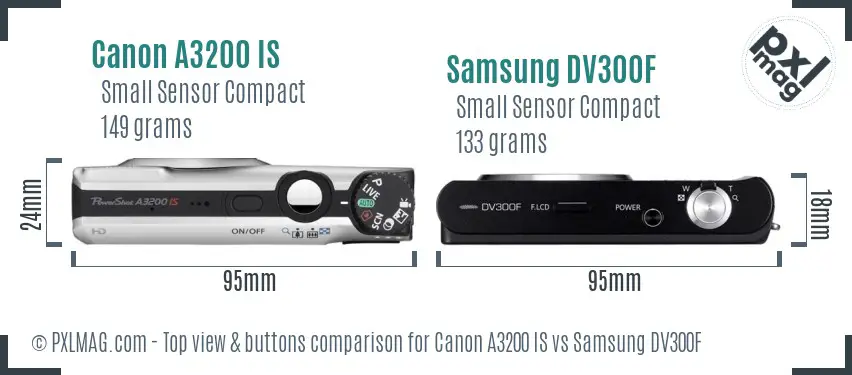 Canon A3200 IS vs Samsung DV300F top view buttons comparison