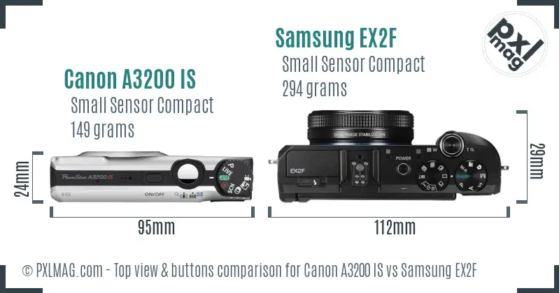 Canon A3200 IS vs Samsung EX2F top view buttons comparison
