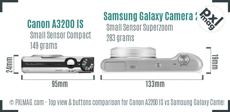 Canon A3200 IS vs Samsung Galaxy Camera 2 top view buttons comparison