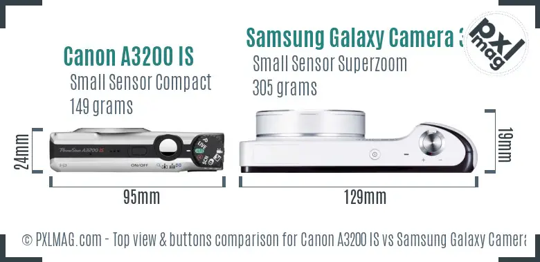 Canon A3200 IS vs Samsung Galaxy Camera 3G top view buttons comparison