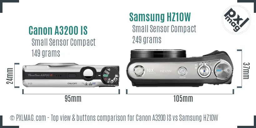 Canon A3200 IS vs Samsung HZ10W top view buttons comparison Canon A3200 IS vs Samsung HZ10W top view buttons comparison