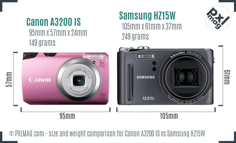 Canon A3200 IS vs Samsung HZ15W size comparison Canon A3200 IS vs Samsung HZ15W size comparison
