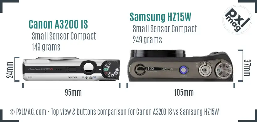 Canon A3200 IS vs Samsung HZ15W top view buttons comparison Canon A3200 IS vs Samsung HZ15W top view buttons comparison