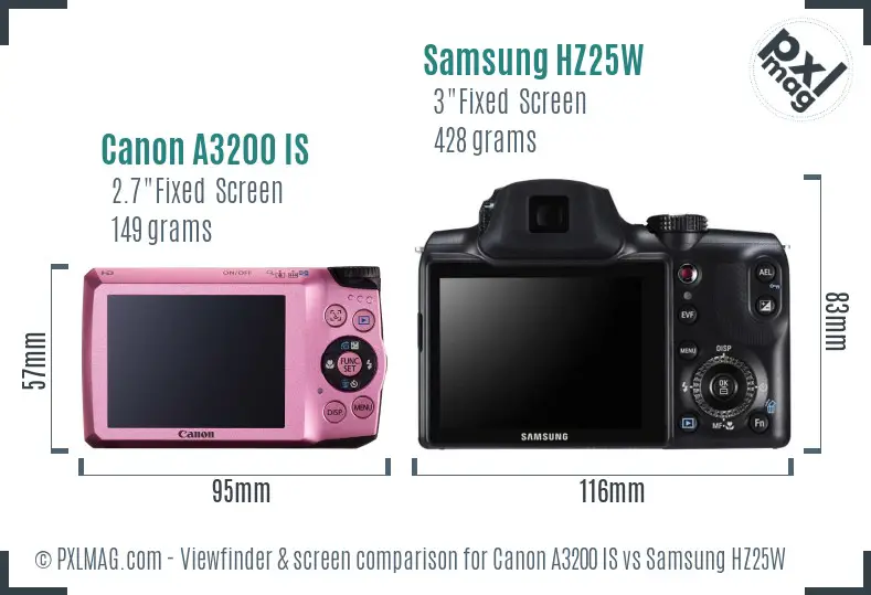 Canon A3200 IS vs Samsung HZ25W Screen and Viewfinder comparison
