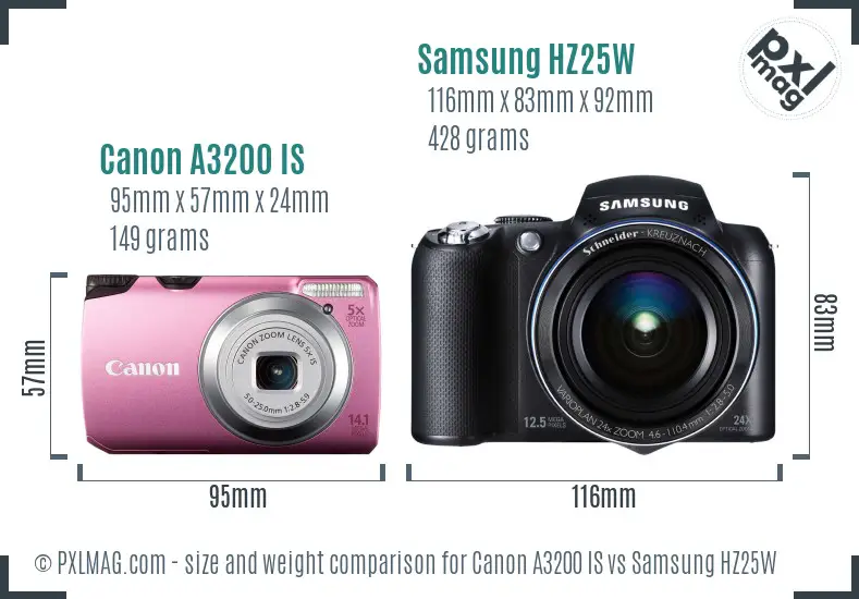 Canon A3200 IS vs Samsung HZ25W size comparison