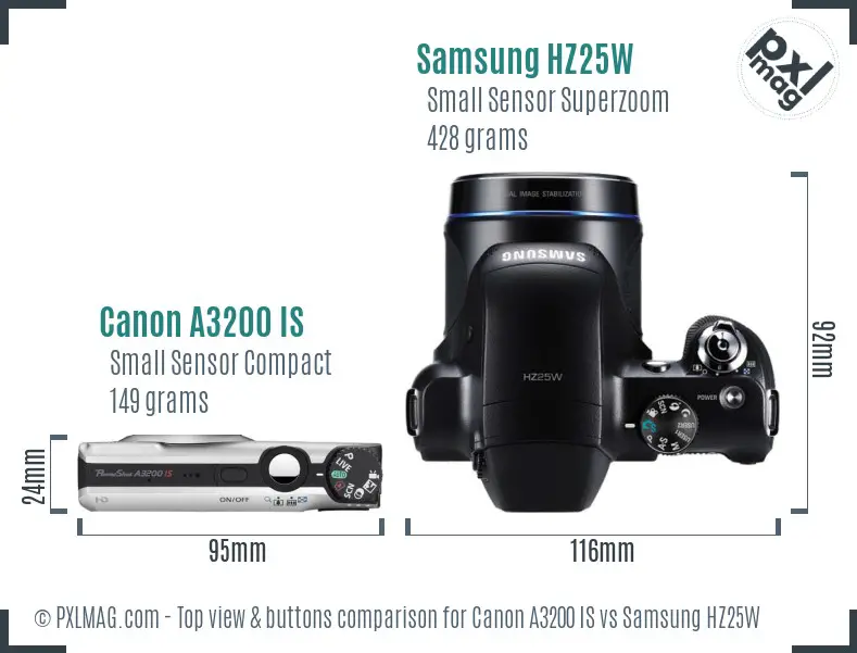 Canon A3200 IS vs Samsung HZ25W top view buttons comparison
