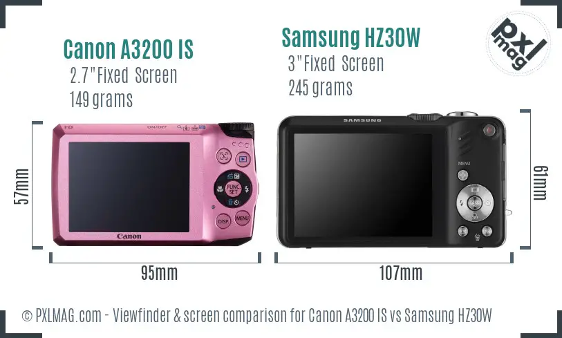 Canon A3200 IS vs Samsung HZ30W Screen and Viewfinder comparison