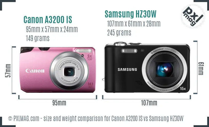 Canon A3200 IS vs Samsung HZ30W size comparison