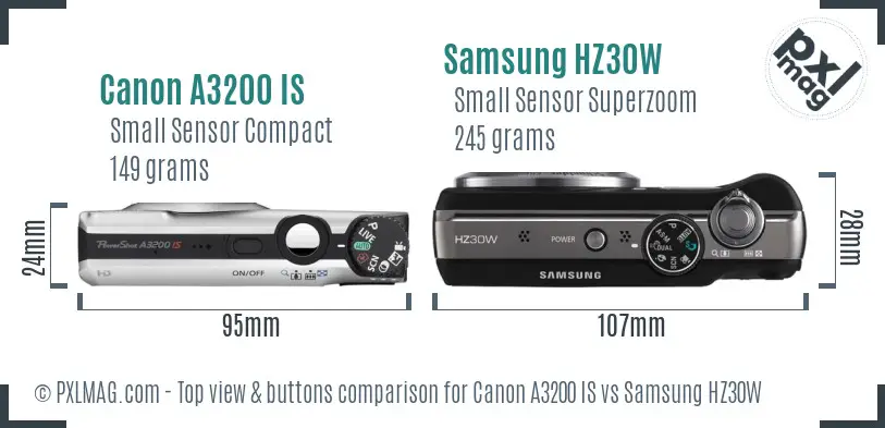 Canon A3200 IS vs Samsung HZ30W top view buttons comparison