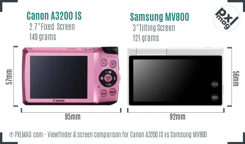 Canon A3200 IS vs Samsung MV800 Screen and Viewfinder comparison