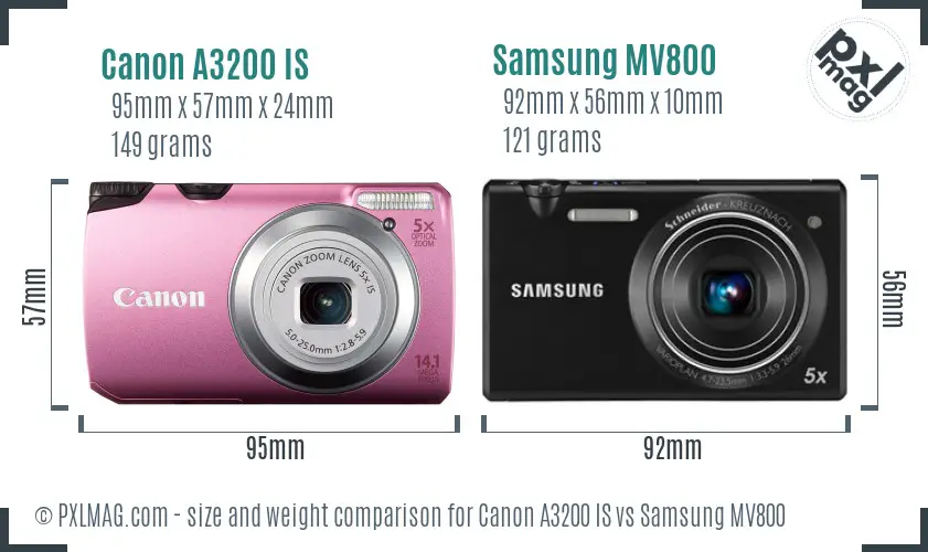 Canon A3200 IS vs Samsung MV800 size comparison