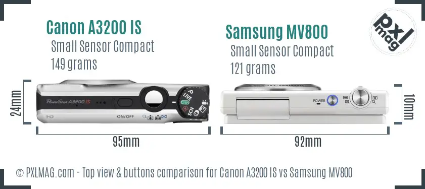 Canon A3200 IS vs Samsung MV800 top view buttons comparison