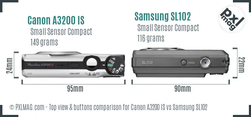 Canon A3200 IS vs Samsung SL102 top view buttons comparison