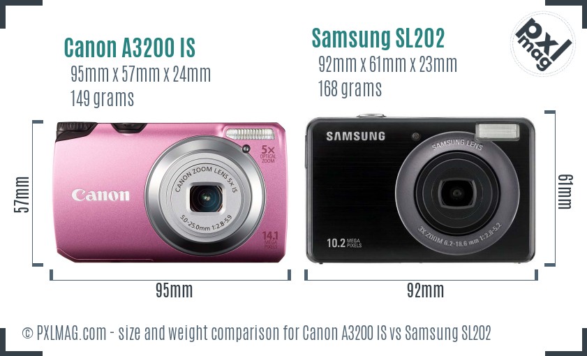 Canon A3200 IS vs Samsung SL202 size comparison
