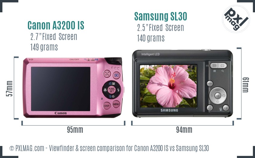 Canon A3200 IS vs Samsung SL30 Screen and Viewfinder comparison