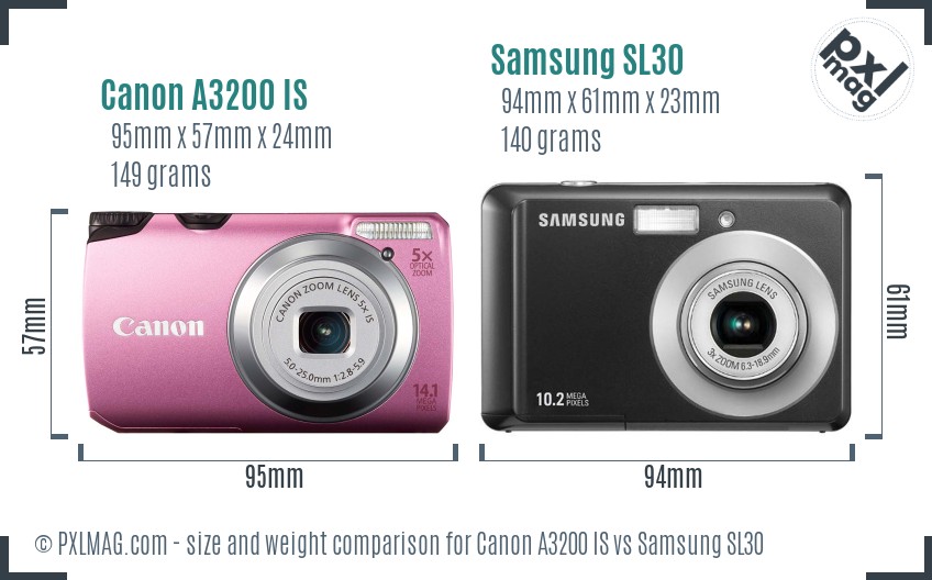 Canon A3200 IS vs Samsung SL30 size comparison