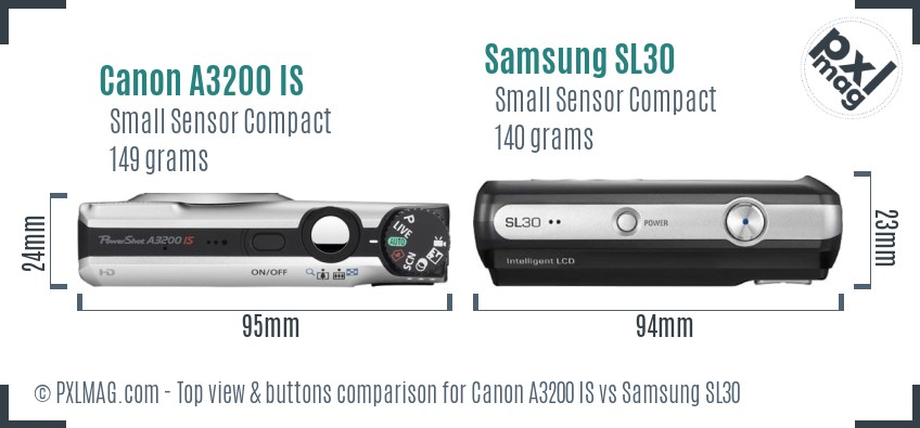 Canon A3200 IS vs Samsung SL30 top view buttons comparison