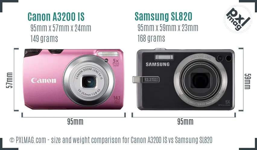 Canon A3200 IS vs Samsung SL820 size comparison