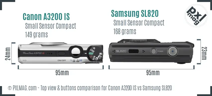 Canon A3200 IS vs Samsung SL820 top view buttons comparison