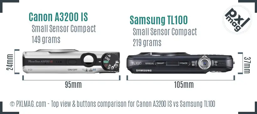 Canon A3200 IS vs Samsung TL100 top view buttons comparison Canon A3200 IS vs Samsung TL100 top view buttons comparison