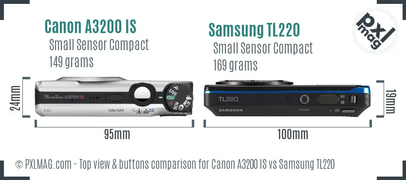 Canon A3200 IS vs Samsung TL220 top view buttons comparison