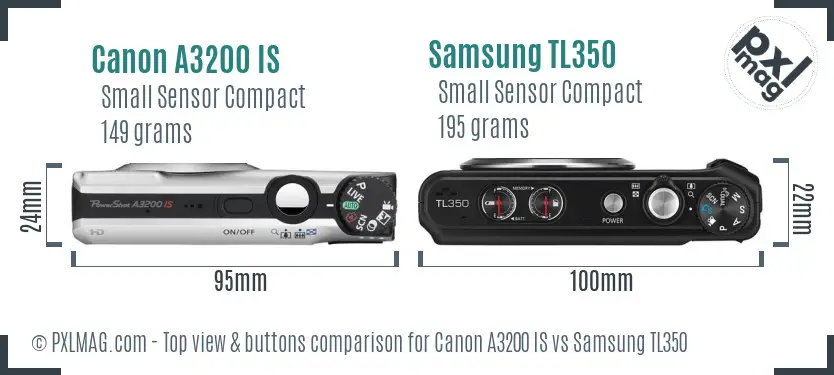 Canon A3200 IS vs Samsung TL350 top view buttons comparison