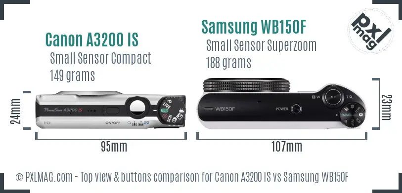 Canon A3200 IS vs Samsung WB150F top view buttons comparison