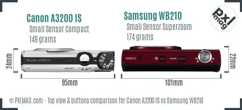 Canon A3200 IS vs Samsung WB210 top view buttons comparison