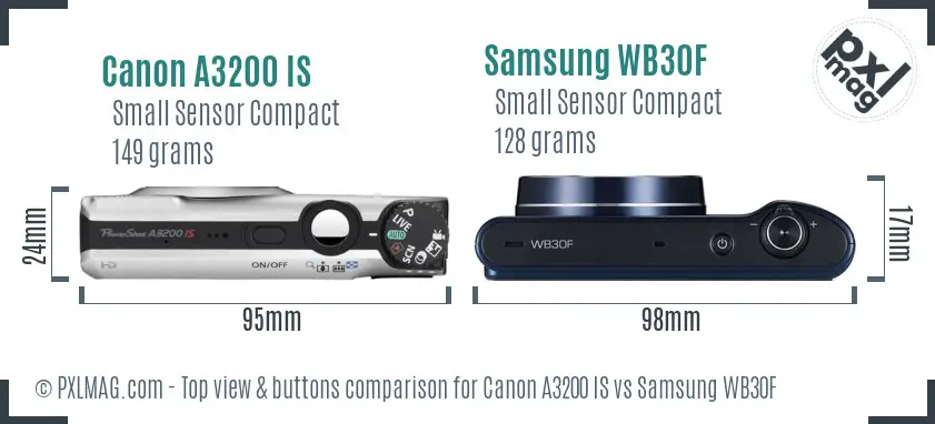 Canon A3200 IS vs Samsung WB30F top view buttons comparison Canon A3200 IS vs Samsung WB30F top view buttons comparison