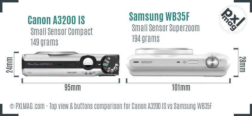 Canon A3200 IS vs Samsung WB35F top view buttons comparison