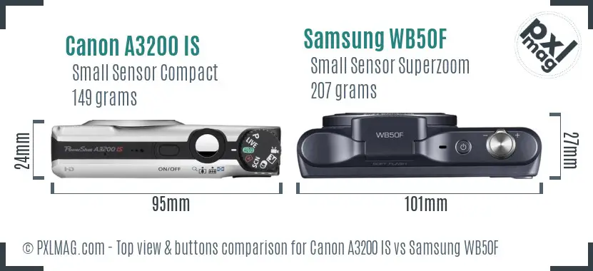 Canon A3200 IS vs Samsung WB50F top view buttons comparison